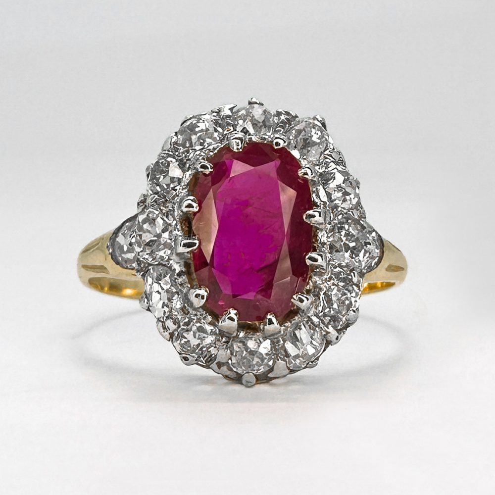 Vintage Burma Ruby and Diamond Cluster Ring in 18ct Yellow Gold