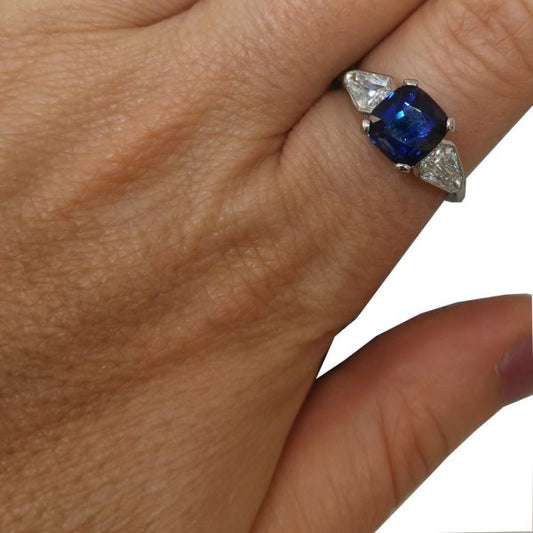 Cushion Sapphire and Diamond Trilogy Ring in Platinum, 3.21 carat total
