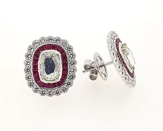 Rose Cut Diamond and Calibre Ruby Earrings, 2.93 carats