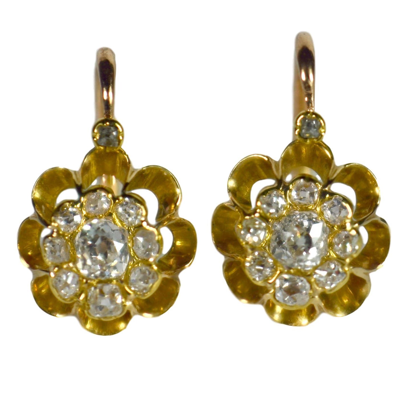 French Dormeuse 1.50ct Diamond Floral Cluster Drop Earrings