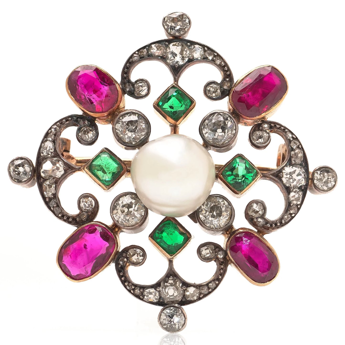 Edwardian Natural Pearl, Ruby, Emerald and Diamond Baroness Issaverdens Brooch
