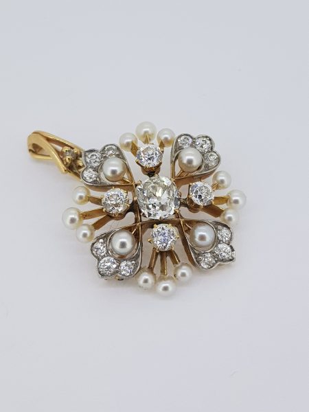 Antique Victorian Natural Pearl and Old Cut Diamond Pendant Brooch in 15ct Gold, 1.00 carat