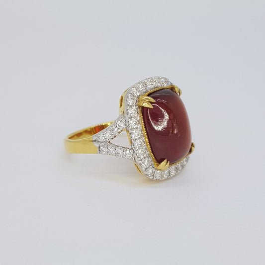 Cabochon Garnet and Diamond Cluster Ring in 18ct Yellow Gold
