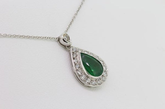 1.70ct Pear Cut Emerald and Diamond Cluster Pendant with Chain