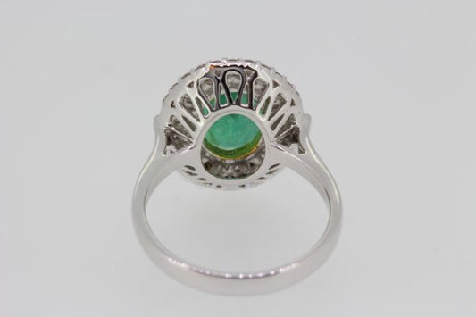 Contemporary 2.20ct Emerald and Diamond Oval Cluster Ring in 18ct White Gold