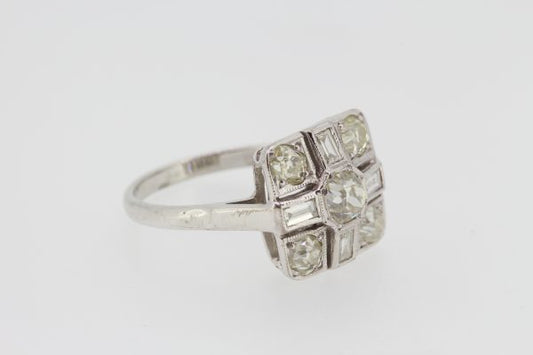 Old Cut Diamond Cluster Ring; square shaped head with central old cut diamond surrounded by four old-cut diamonds alternated with baguette-cut diamonds, in 18ct white gold