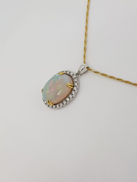 4.46ct Opal and Diamond Oval Cluster Pendant in 18ct Gold