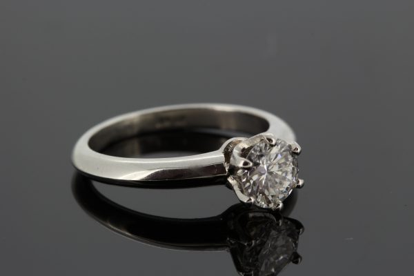 0.91ct Single Stone Diamond Engagement Ring in Platinum; six-claw set with a 0.91 carat round brilliant-cut diamond, with certificate, G colour SI1 clarity