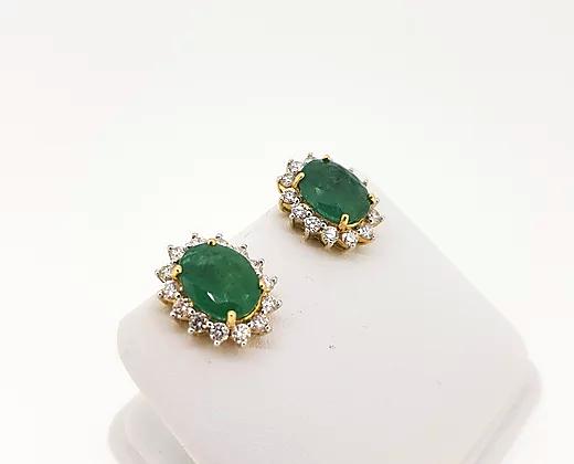 Emerald and Diamond Cluster Stud Earrings, 5.84cts, 18ct Yellow Gold