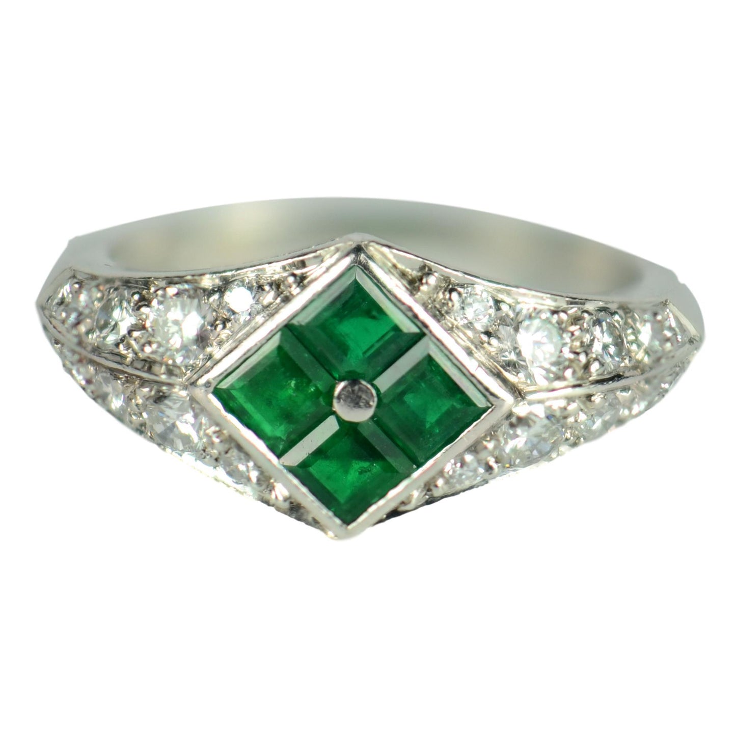 Emerald and Diamond Checkerboard Platinum Dress Ring