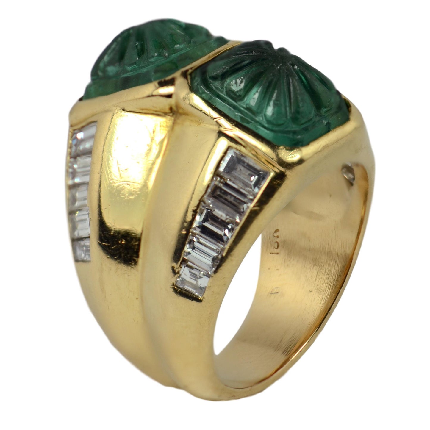 Carved 7.22ct Emerald and Diamond Dress Ring, 18ct Yellow Gold