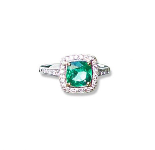 Vintage Cushion Cut Emerald and Diamond Cluster Ring, 1.98 carats, Platinum
