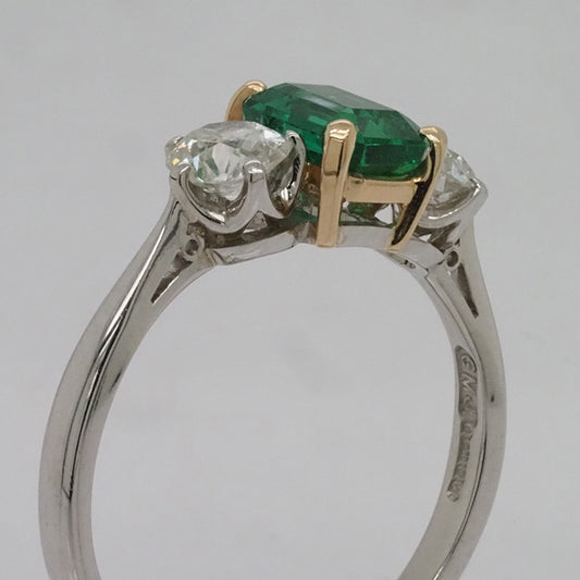 0.92ct Emerald and Diamond Three Stone Ring in Platinum