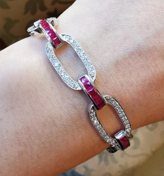 Ruby and diamond Open Oval Link Platinum Bracelet, French cuts