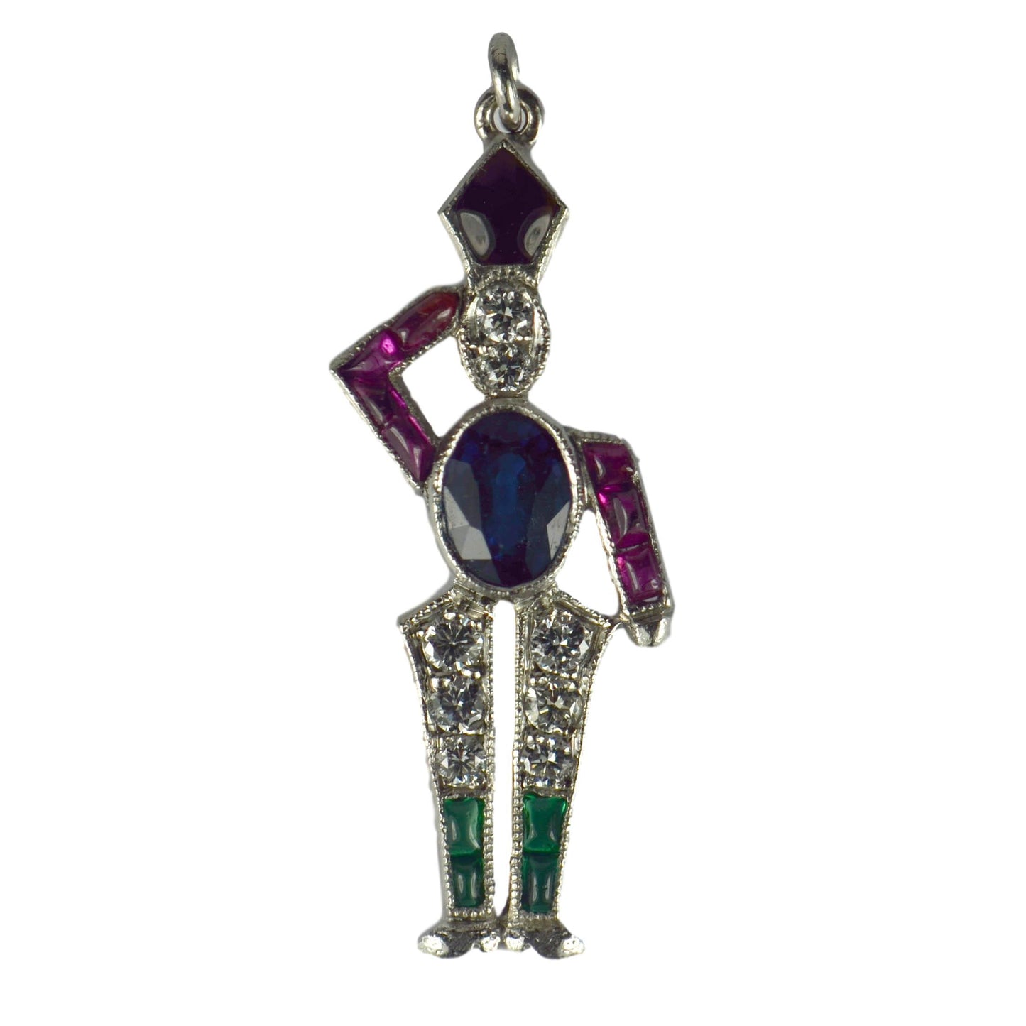 Art Deco Sapphire, Diamond, Ruby and Emerald Soldier Charm Pendant