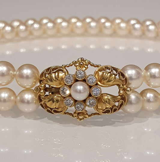 Vintage Georg Jensen Double Row Pearl Choker Necklace with Pearl Diamond Gold Clasp