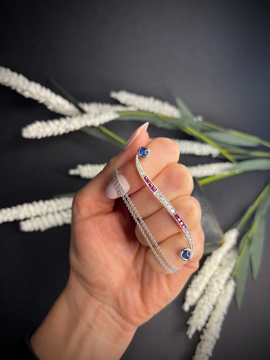 Contemporary 18 Carat White Gold, Sapphire, Ruby, And Diamond Pendant Necklace