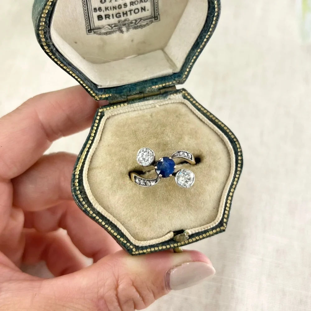Antique Belle Époque Sapphire And Diamond Trilogy Ring In 18 Carat Yellow Gold