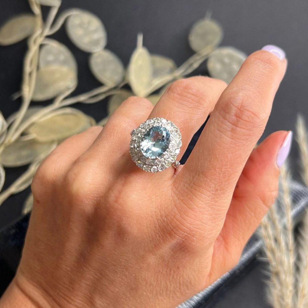 Aquamarine and diamond cluster ring two halos of diamonds row surround Dress Ring