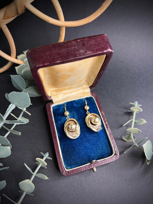 Antique 9ct Gold Edwardian Snake & Ball Diamond Set Earrings