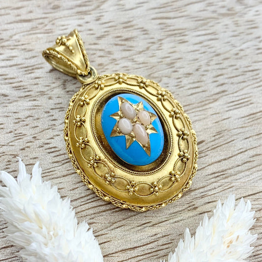 Early Victorian Antique 15ct Yellow Gold Locket Pendant with Turquoise Blue Enamel Centre and Star Set Natural Coral