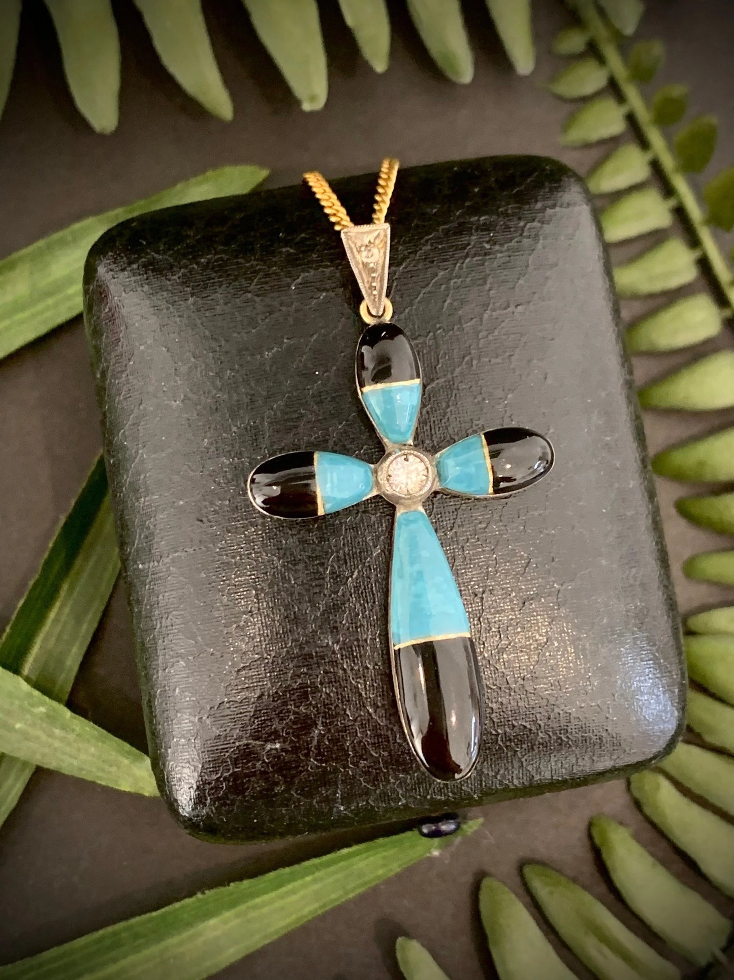 Antique 18 Carat Gold Diamond, Turquoise and Black Enamel Cross Pendant, Circa 1920