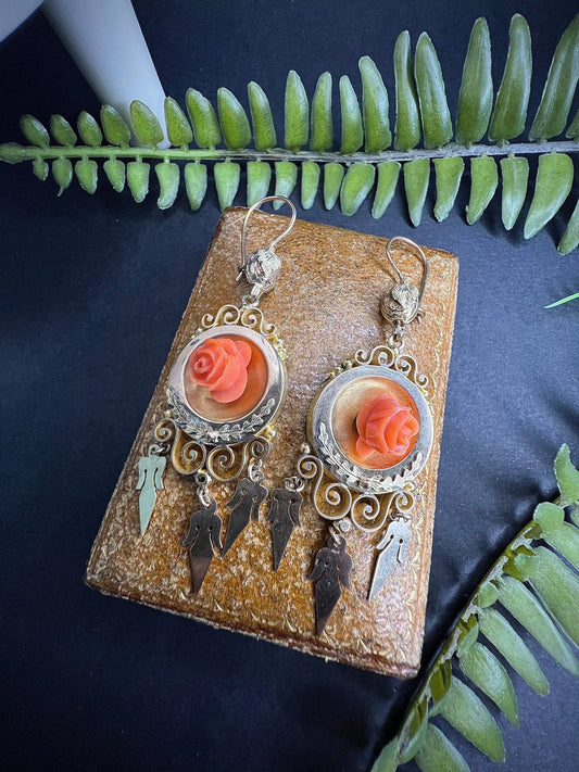 Antique 15 Carat Gold, Victorian Rose Carved Coral Earrings