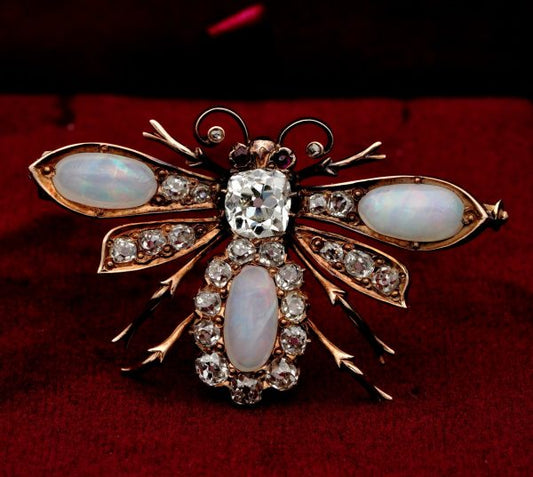 Antique Victorian Opal and Diamond Bee Brooch Pendant