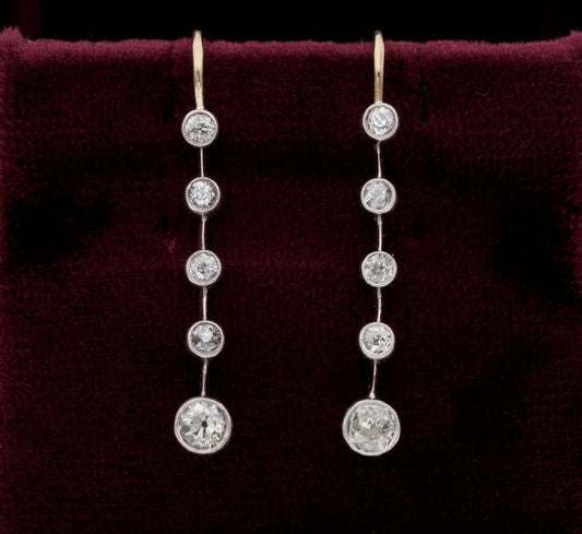 Antique Victorian 1.10ct Old Mine Cut Diamond Bar Line Drop Earrings