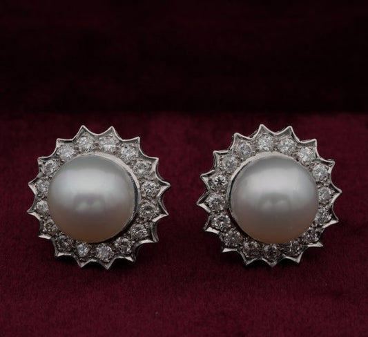 Vintage South Sea Pearl and 1.20ct Brilliant Cut Diamond Platinum Earrings