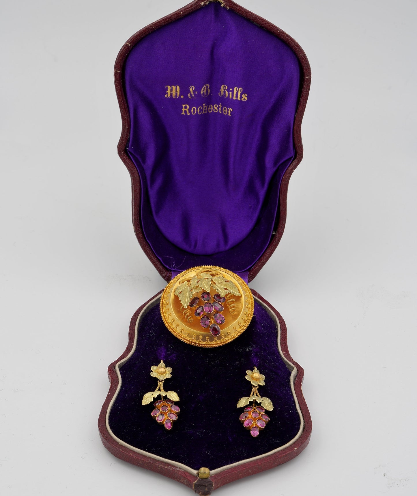 Antique Garnet 18ct Gold Carved Grape Earrings, Brooch Demi Parure