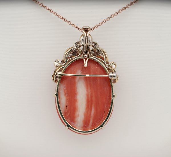 Vintage Carved Bird Coral and Diamond Large Pendant Brooch