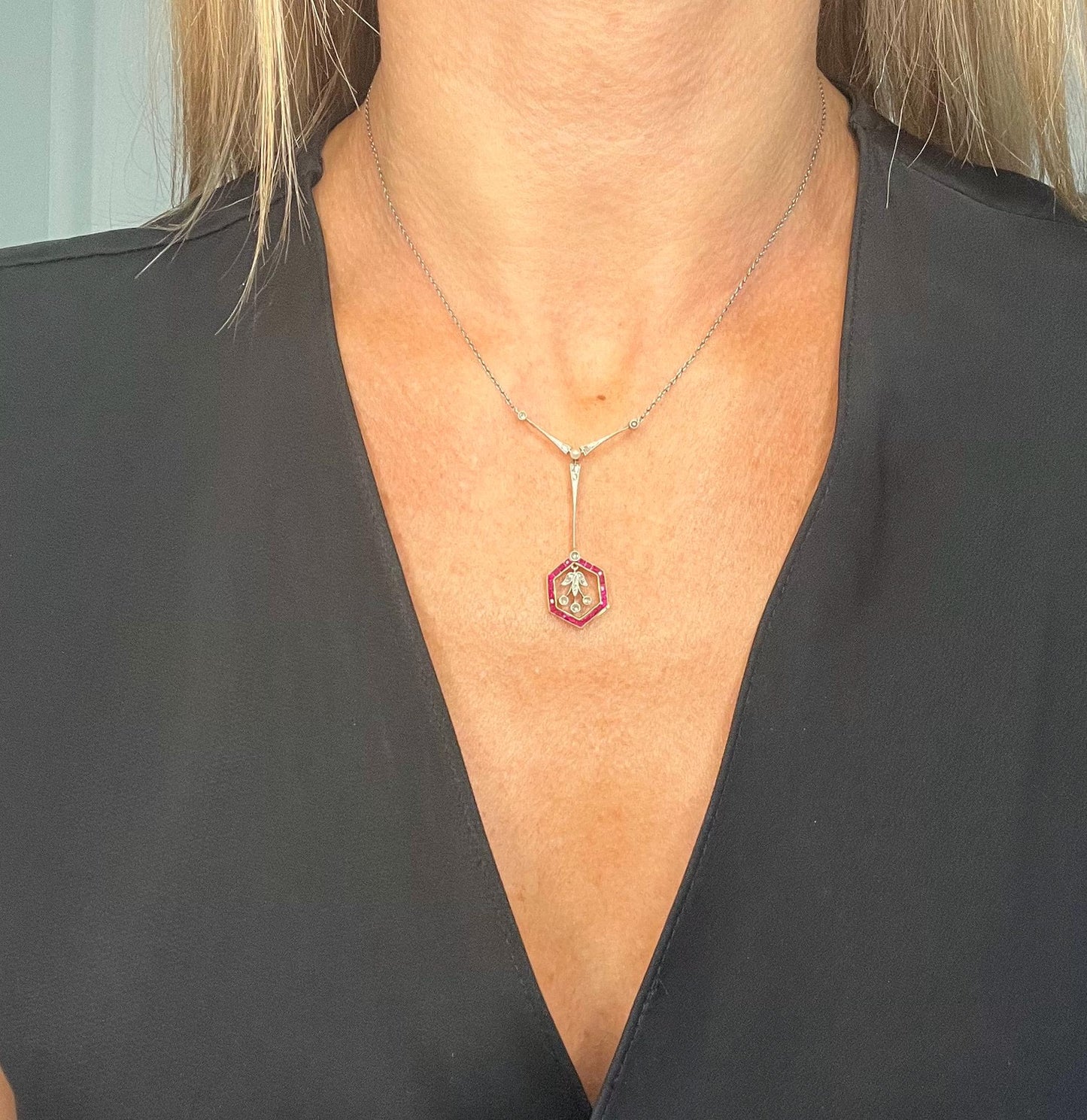 Antique 18ct Gold & Platinum Edwardian, Ruby, Diamond, Pearl Pendant Necklace
