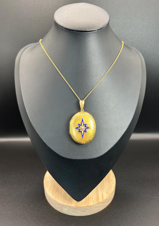 Antique 15ct Yellow Gold, Victorian Seed Pearl & Blue Enamel Star, Oval Shaped Locket