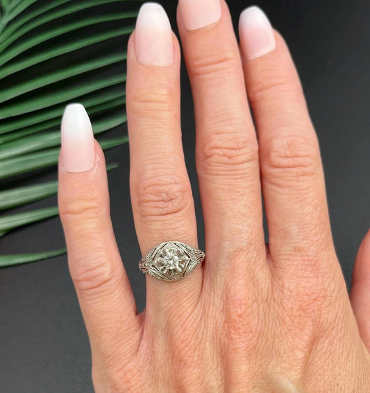 Antique 14ct white gold, 1920s Art Deco Diamond Bombe Ring