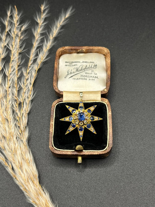 Edwardian 15 Carat Gold Sapphire and Diamond Starburst Pendant, Circa 1900