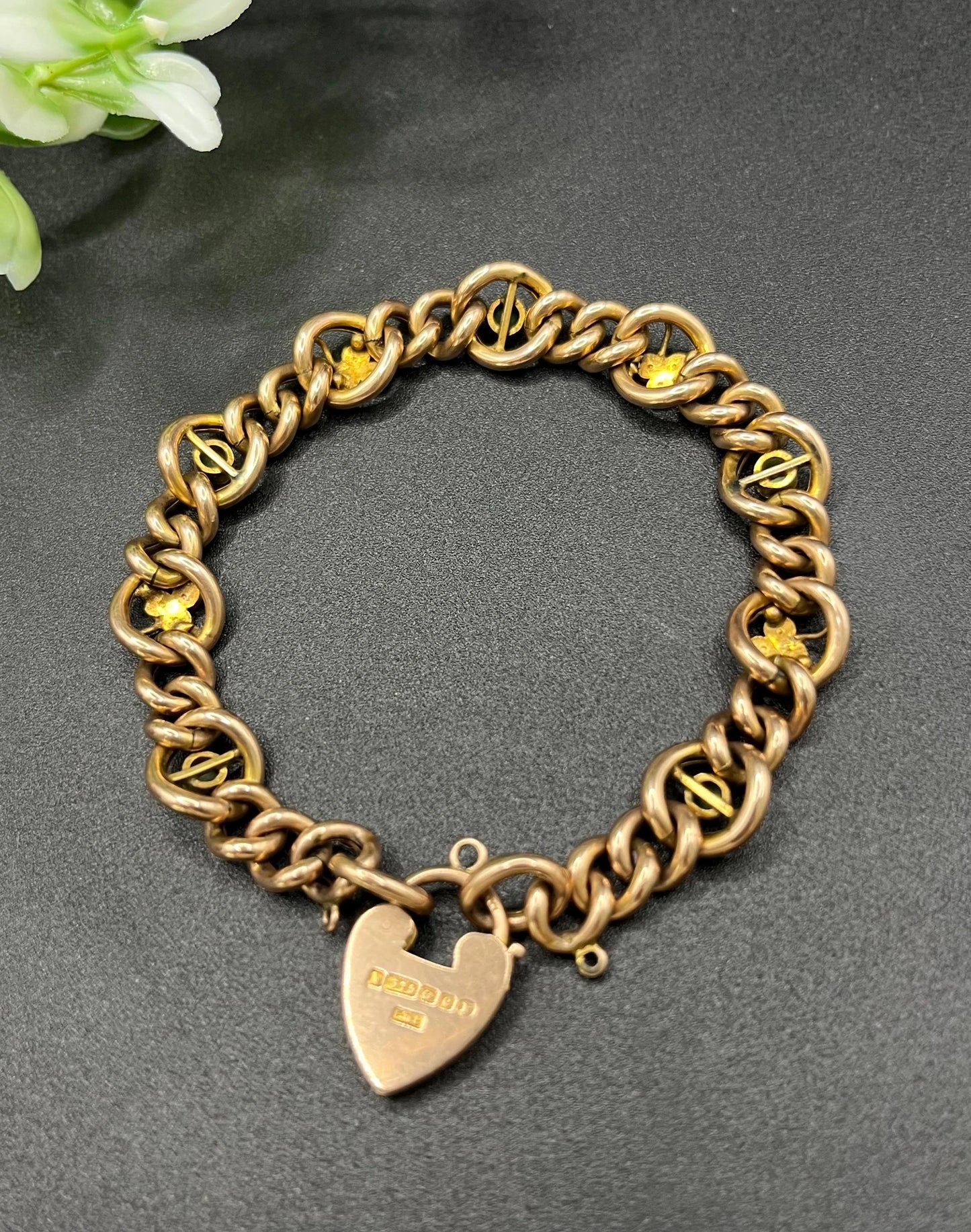 Antique 9 Carat Rose Gold Turquoise and Pearl Curb Bracelet with Heart Padlock