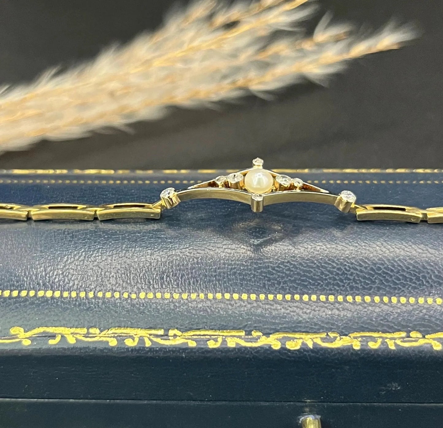 Art Deco 18 Carat Yellow Gold, Platinum, Diamond and Pearl Bracelet, Circa 1920