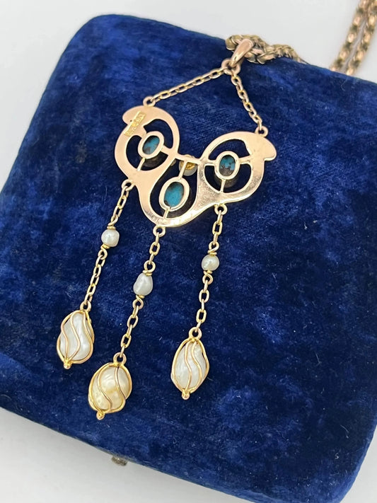 Antique 9ct Gold, Pearl & Turquoise Drop Pendant, Circa 1920s