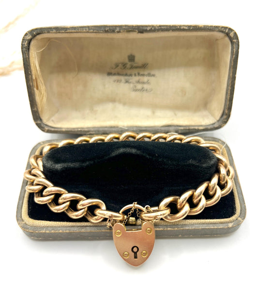 Antique 15ct Rose Gold Stamped, Victorian Curb Link Bracelet with Heart Padlock Clasp