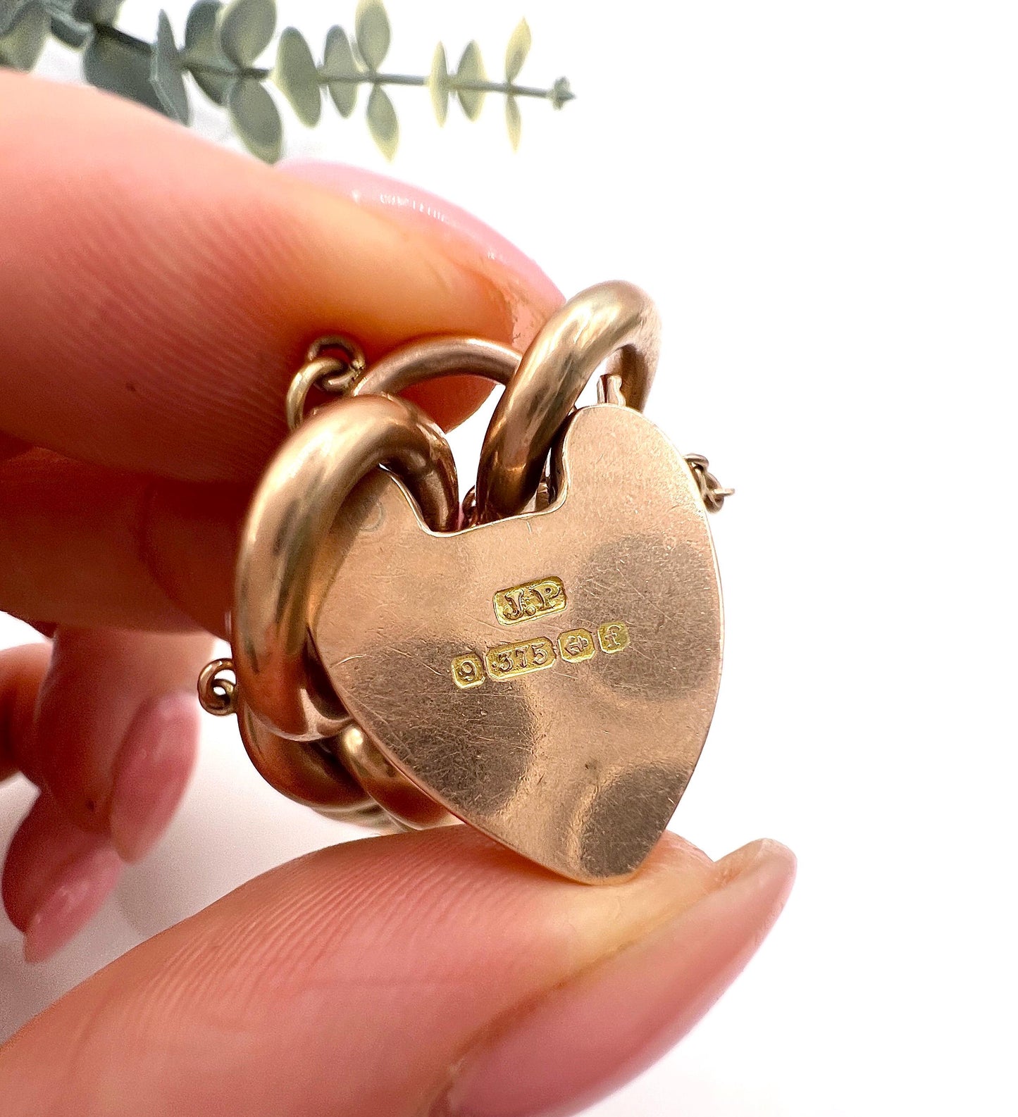 Antique 9ct Rose Gold Curb Bracelet: Edwardian Heart Padlock