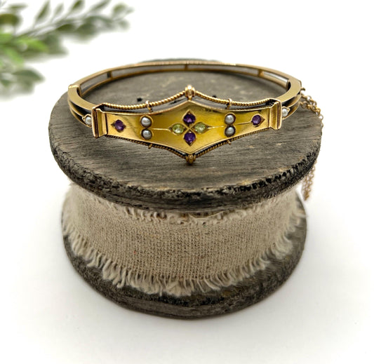 Antique 15ct Gold, Edwardian Peridot, Amethyst & Pearl Suffragette Bangle