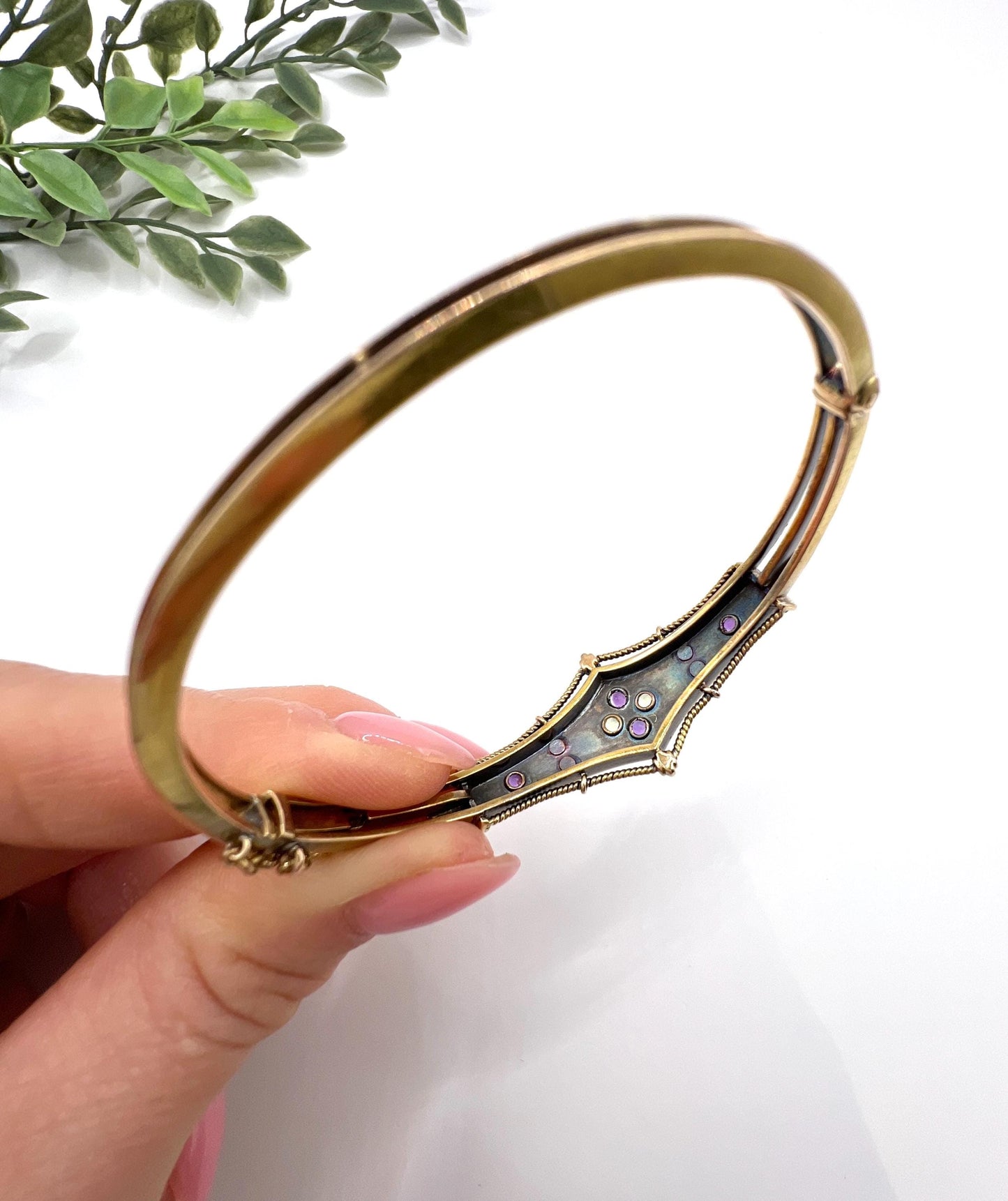 Antique 15ct Gold, Edwardian Peridot, Amethyst & Pearl Suffragette Bangle