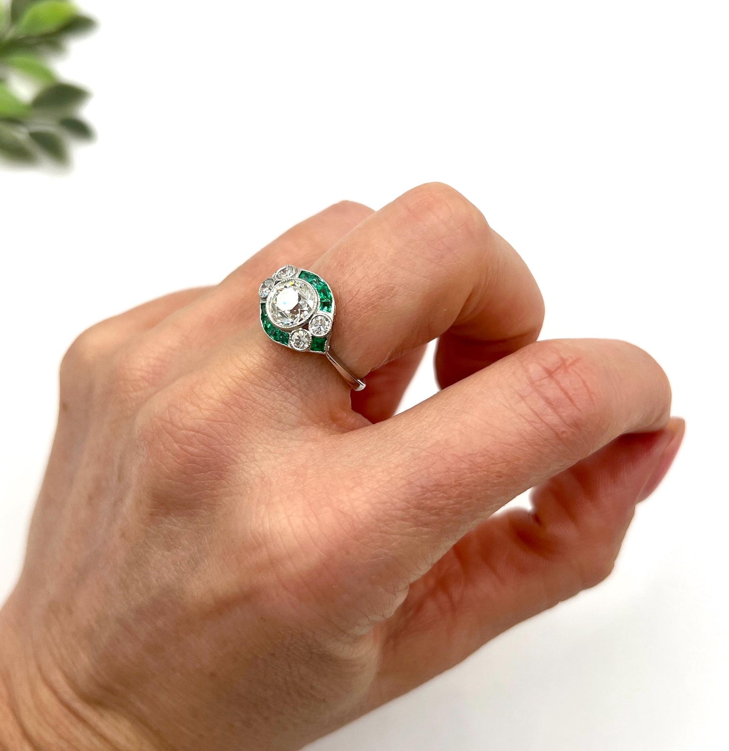 Art Deco Inspired 1.21ct Diamond and Emerald Target Cluster Ring in Platinum
