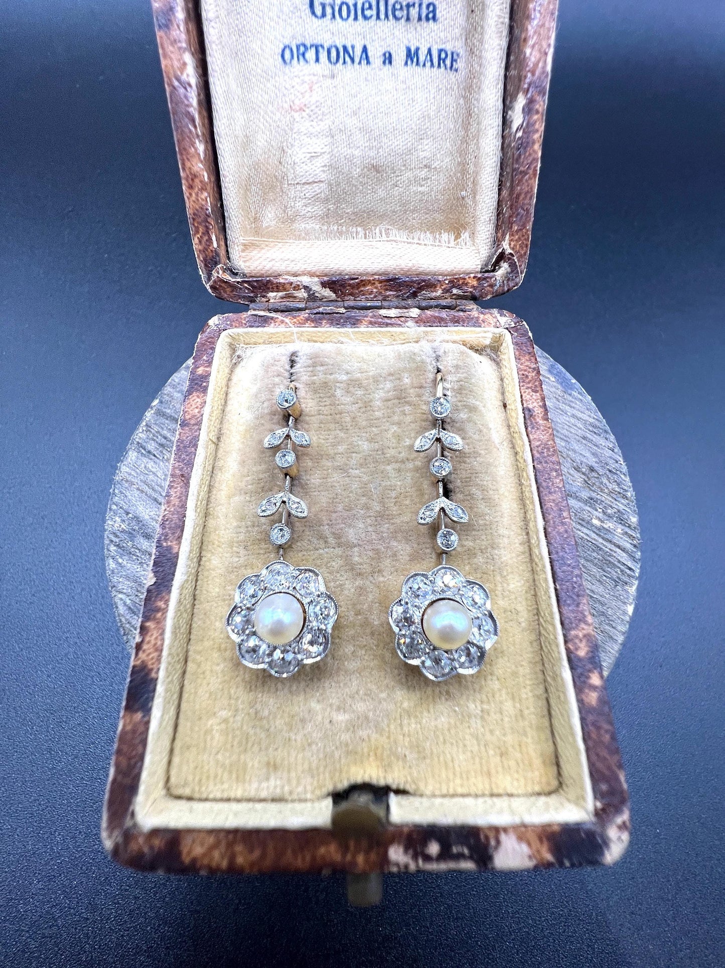 Antique 18ct Gold & Platinum, Edwardian Diamond and Pearl Daisy Drop Earrings