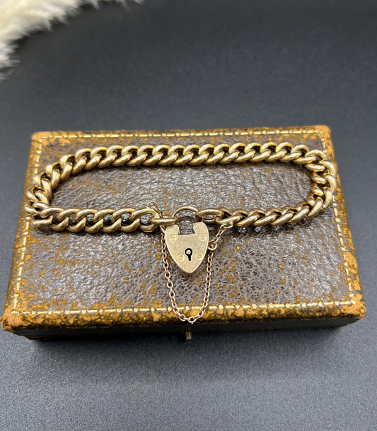 Antique 15ct Yellow Gold, Victorian Curb Link Bracelet with Heart Padlock Clasp, Birmingham 1898