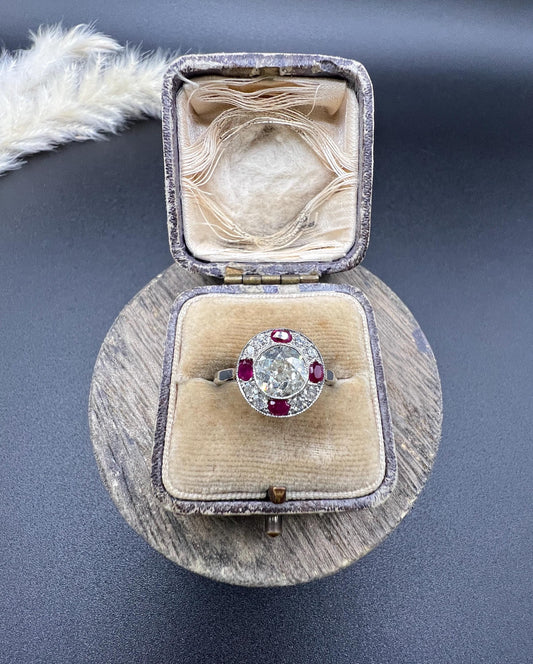 Antique 18ct Gold & Platinum, Original Art Deco Ruby and Diamond Target Ring