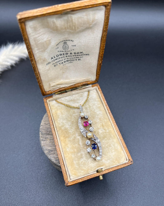Antique 18ct Gold & Platinum, Victorian Diamond, Sapphire, Ruby and Pearl Figure Eight Pendant Necklace