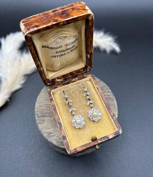 Antique 18ct Gold & Platinum, Edwardian Diamond and Pearl Daisy Drop Earrings