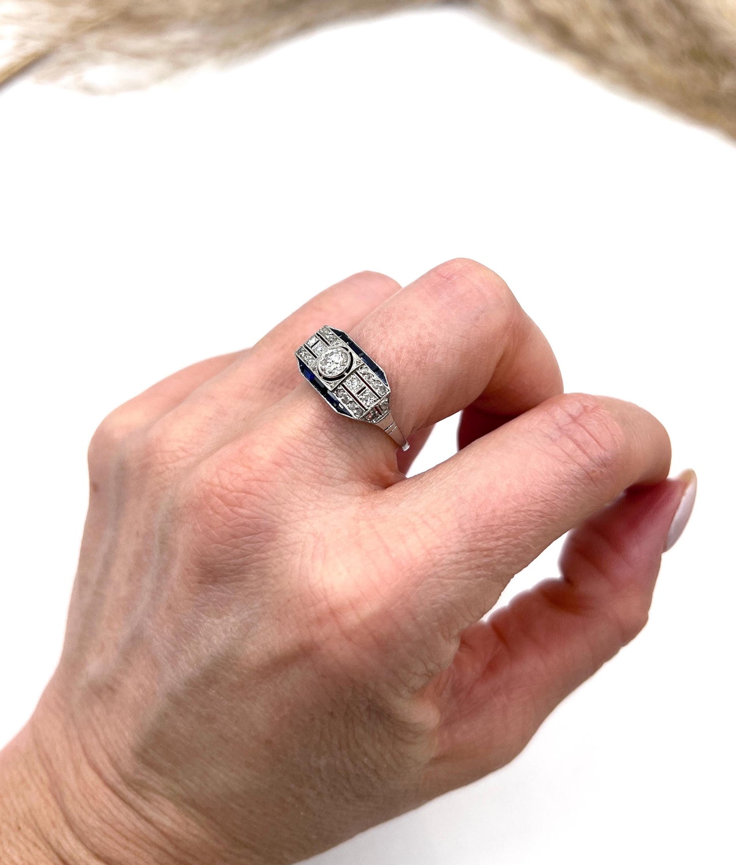 Antique Platinum, 1920s Original Art Deco Sapphire and Diamond Across Finger Ring